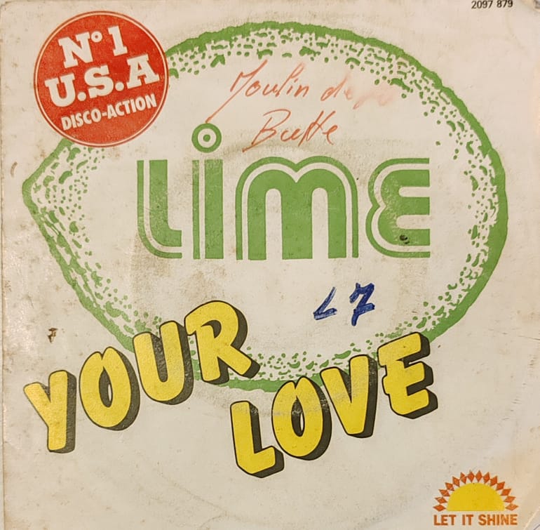 Pochette de l'album "Your Love" du groupe Lime, représentant un couple enlacé sous un ciel étoilé, dans un style rétro typique des années 80.