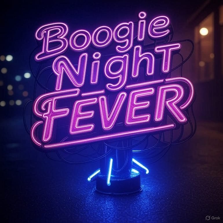 Logo Boogie Night Fever : Émission disco-funk 80's avec typographie néon et silhouette de dancefloor, diffusée sur Sensuelle Radio La Réunion.